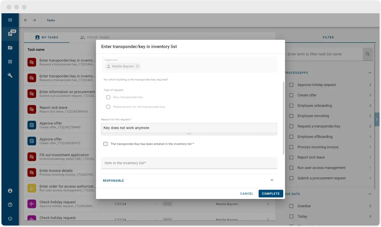 Automated form creation to request a transponder/key