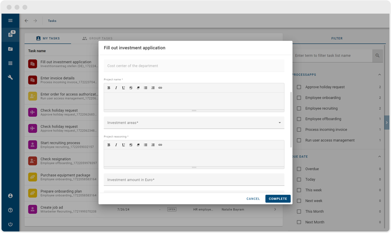 investment application workflow