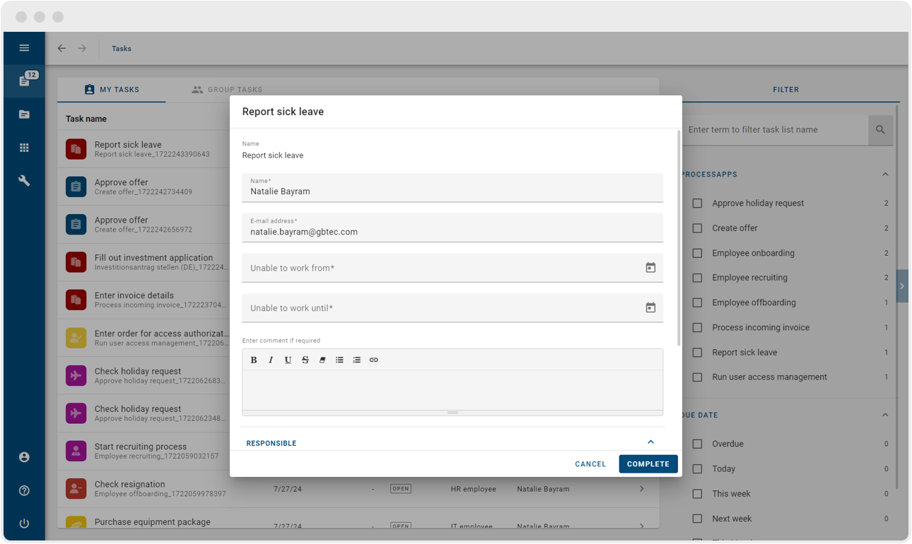 Automated form creation for reporting sick leave