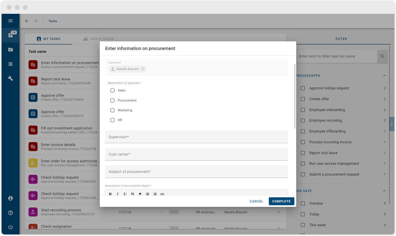 Creación automatizada de formularios para presentar una solicitud de adquisición